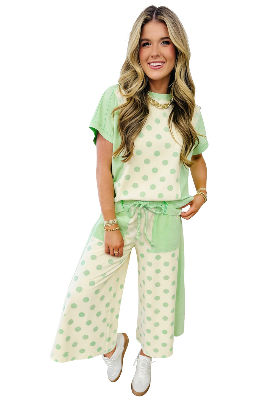 Colour Block Polka Dot Wide Leg Pant Set Women UK