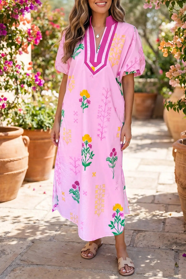 Floral print colourblock v-neck midi dress front view | Fashionfitz UK