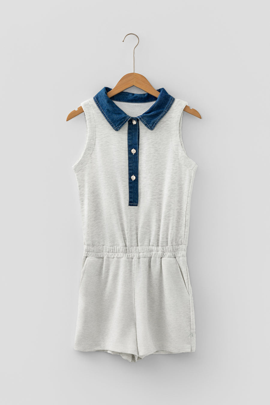Denim Patchwork Polo Collar Elastic Waist Romper Women UK