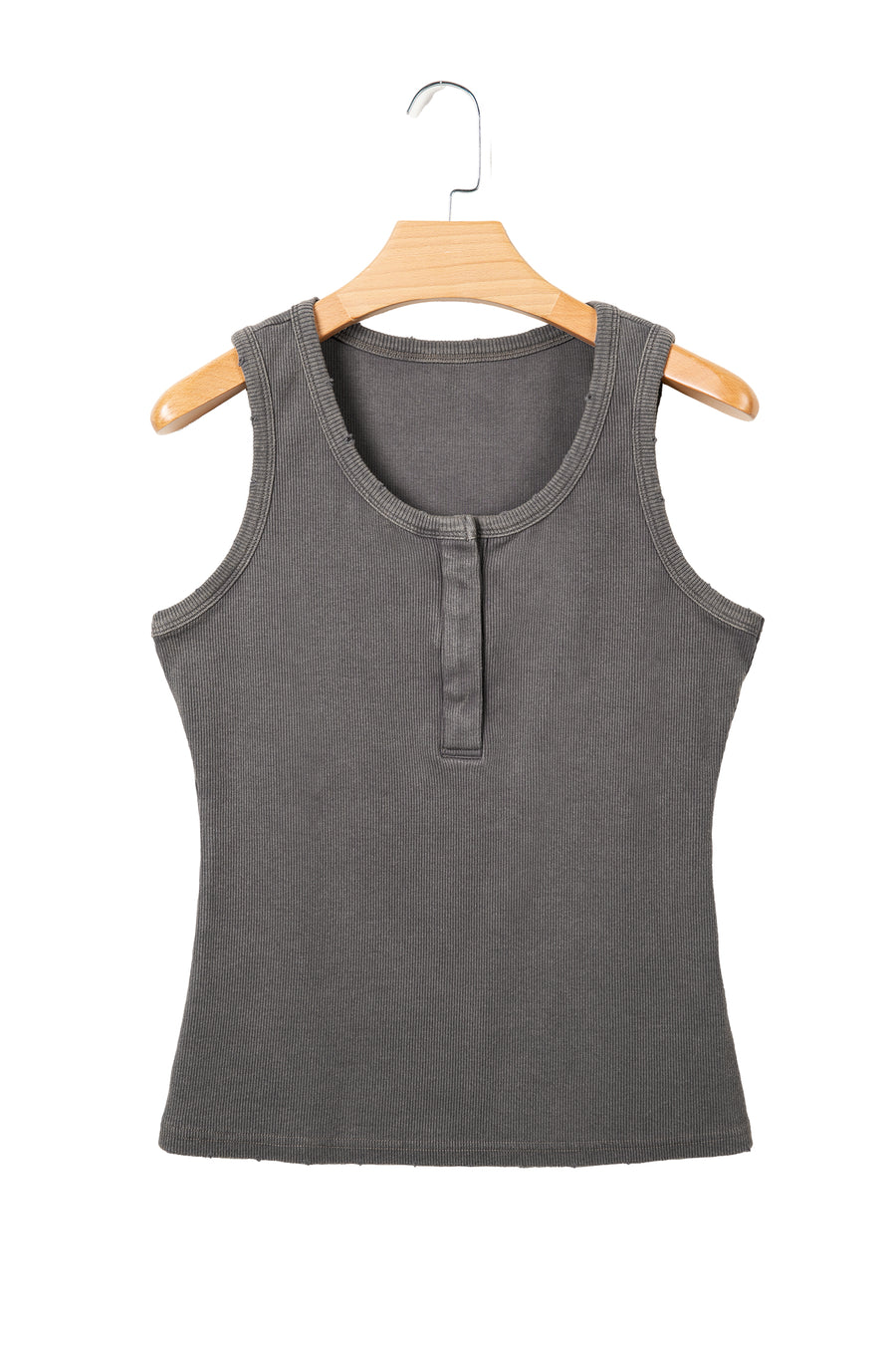 Vintage Distressed Ribbed Mineral Wash Button Neck Tank Top