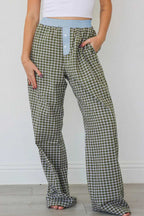 Ladies Brown Gingham Boxer Trousers by FashionFitz featuring a relaxed fit, blue elastic waistband, and button fly detail in casual loungewear style.