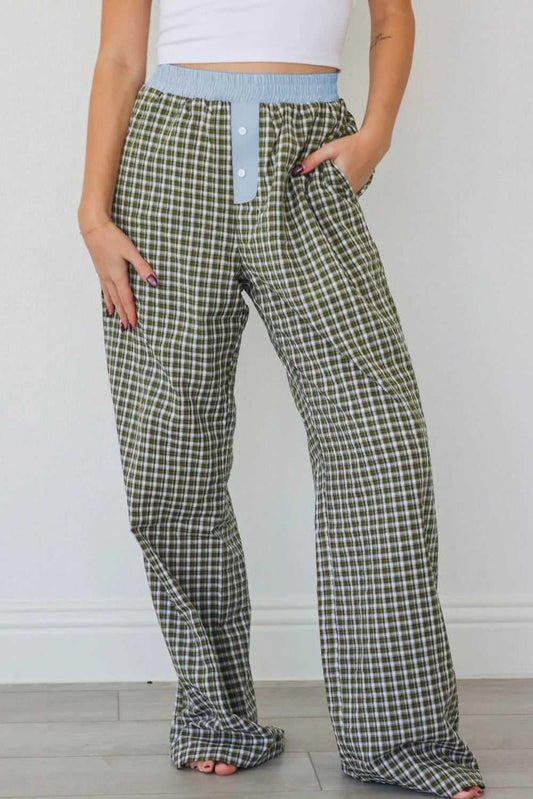 Ladies Brown Gingham Boxer Trousers by FashionFitz featuring a relaxed fit, blue elastic waistband, and button fly detail in casual loungewear style.