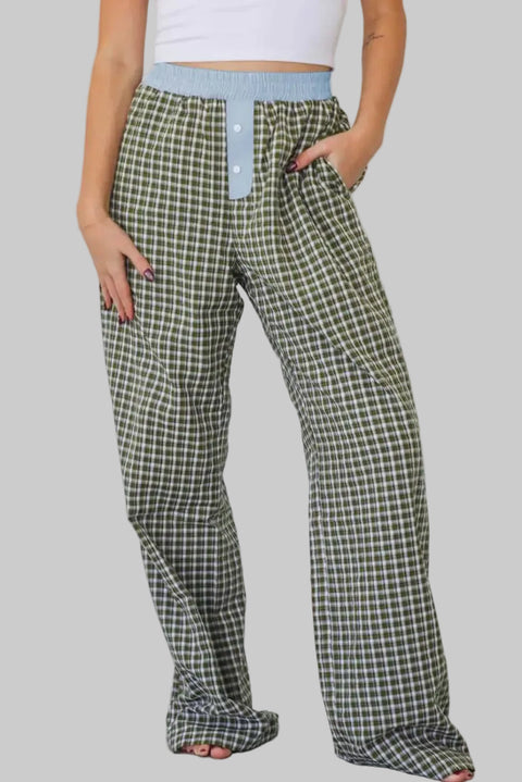 Ladies Brown Gingham Boxer Trousers by FashionFitz featuring a relaxed fit, blue elastic waistband, and button fly detail in casual loungewear style.