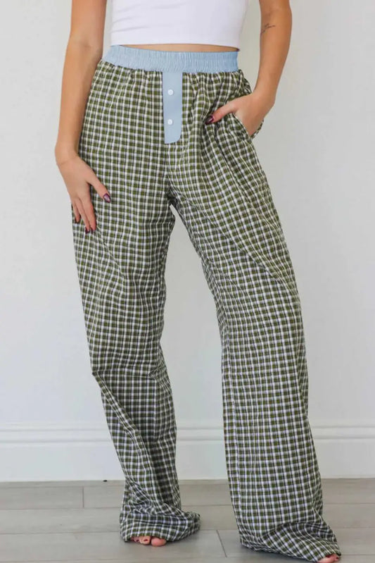Ladies Brown Gingham Boxer Trousers by FashionFitz featuring a relaxed fit, blue elastic waistband, and button fly detail in casual loungewear style.