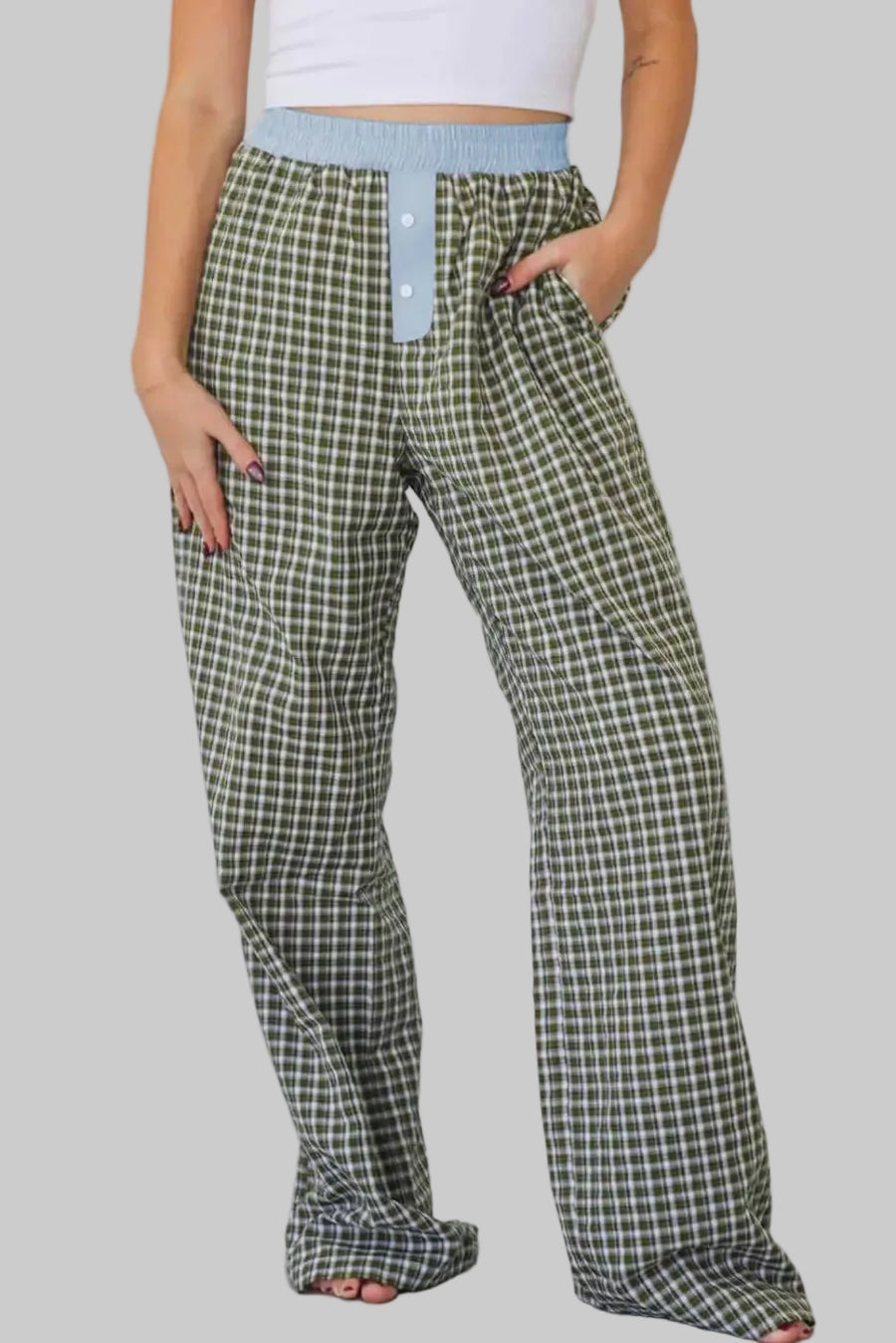Ladies Brown Gingham Boxer Trousers by FashionFitz featuring a relaxed fit, blue elastic waistband, and button fly detail in casual loungewear style.