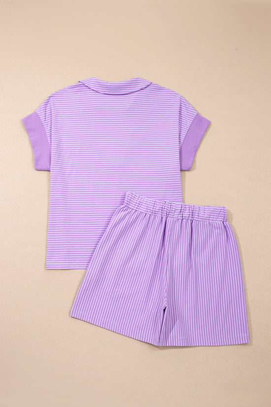 Striped Dolman Sleeve Polo Shirt and Drawstring Shorts Two Piece Set