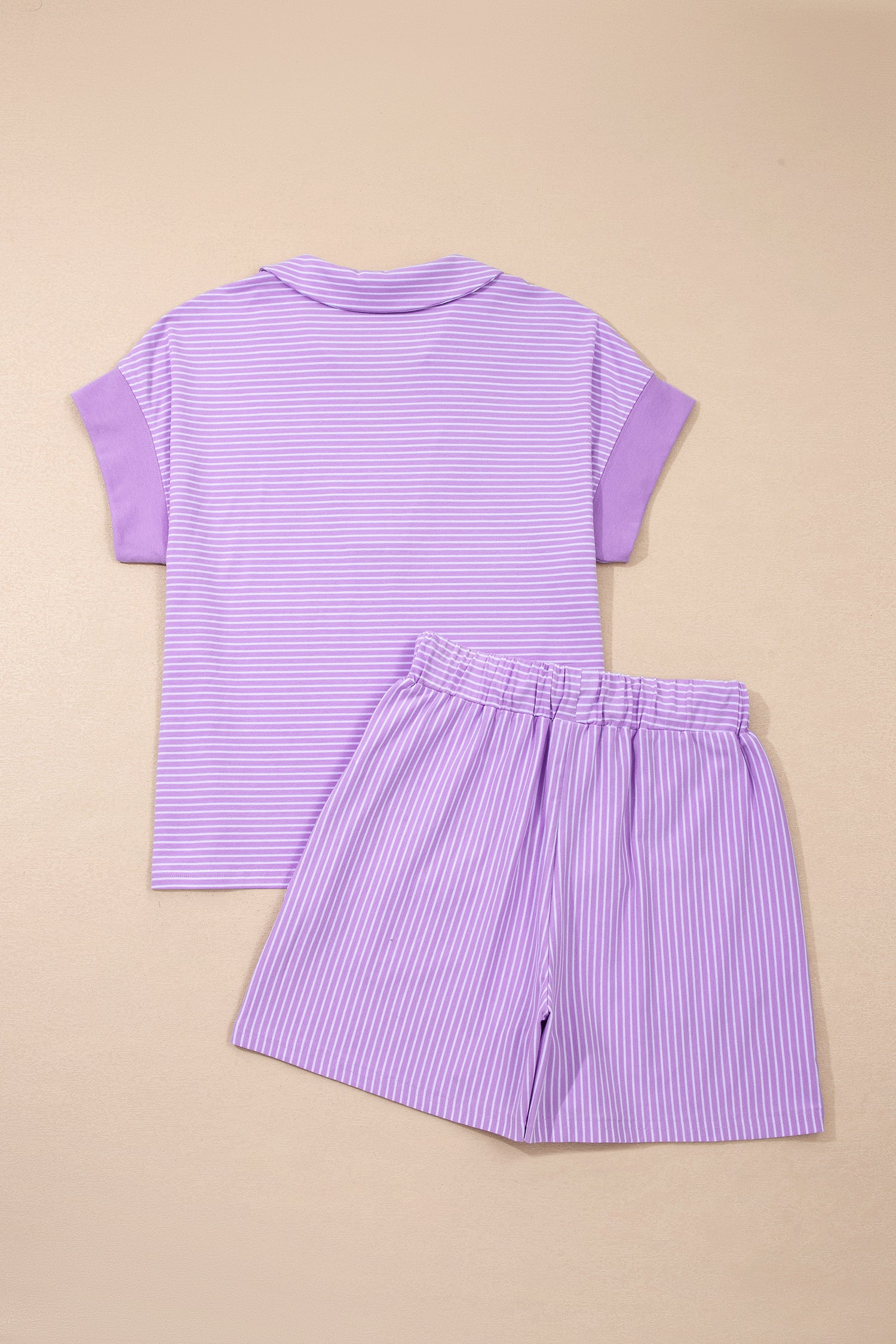 Striped Dolman Sleeve Polo Shirt and Drawstring Shorts Two Piece Set