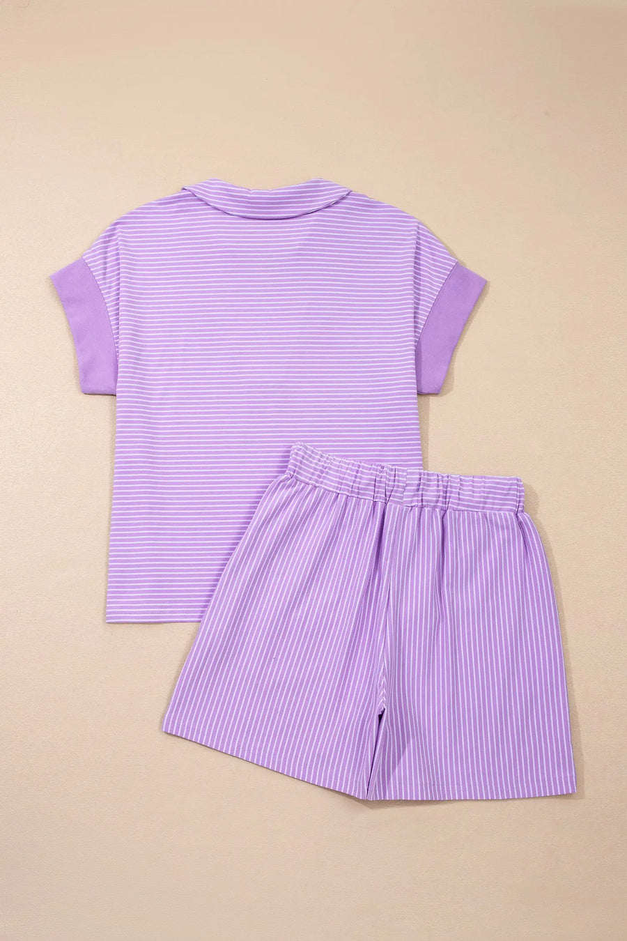 Striped Dolman Sleeve Polo Shirt and Drawstring Shorts Two Piece Set