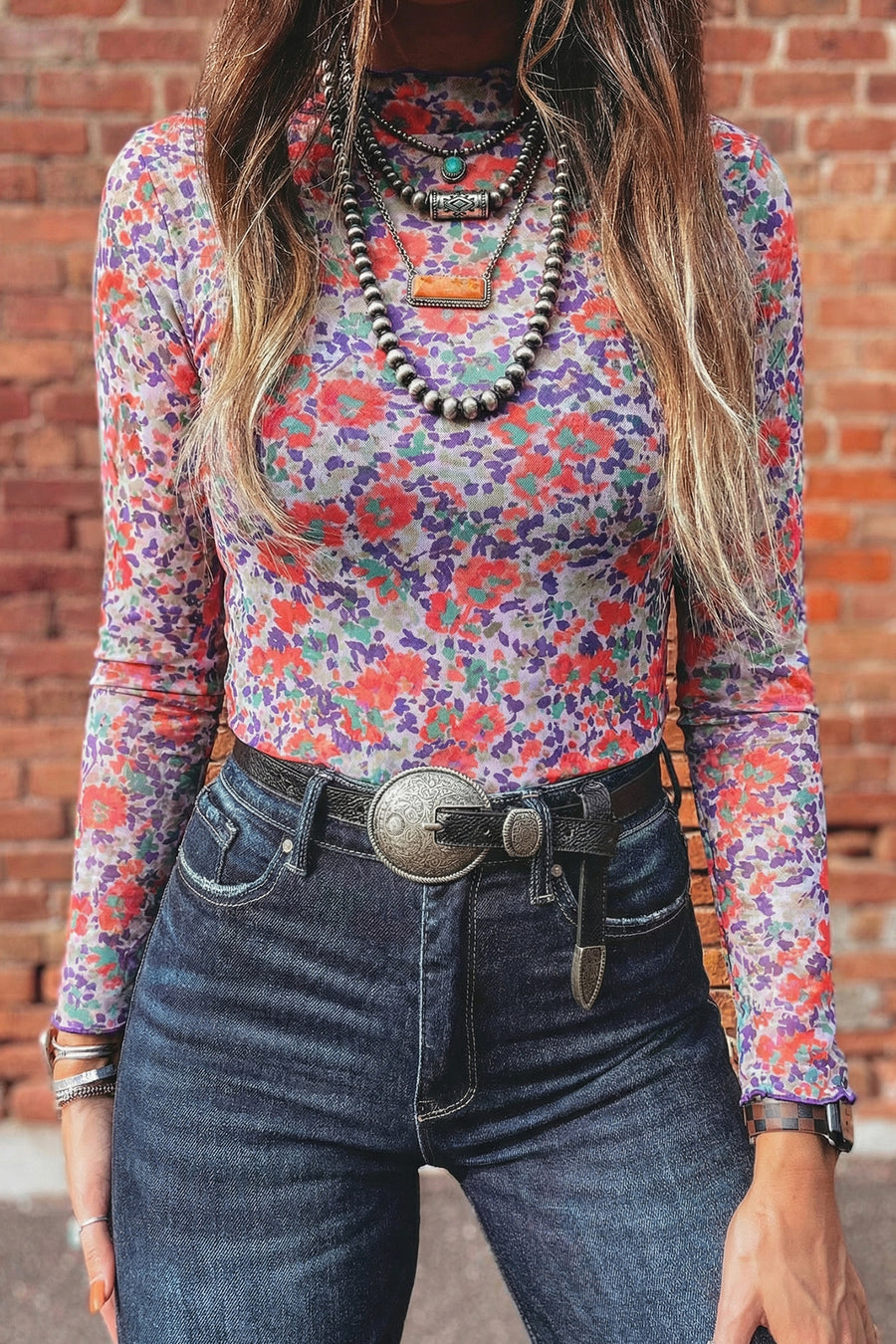 Western Print Mesh Mock Neck Slim Top Long Sleeve High Stretch