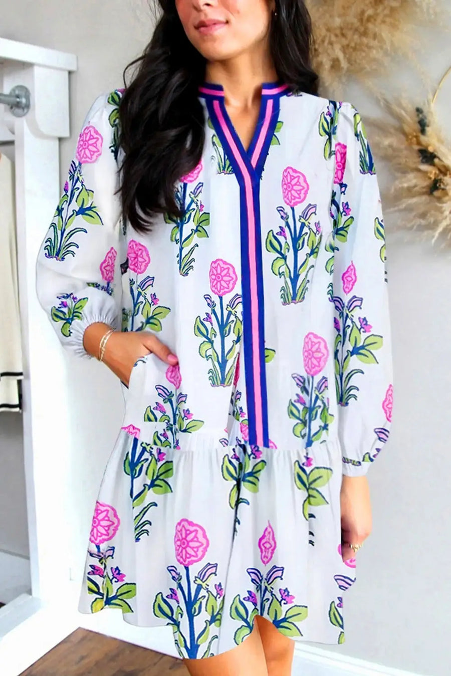 Sky Blue Floral Contrast Striped Notched Neck Dress Women UK — full length
