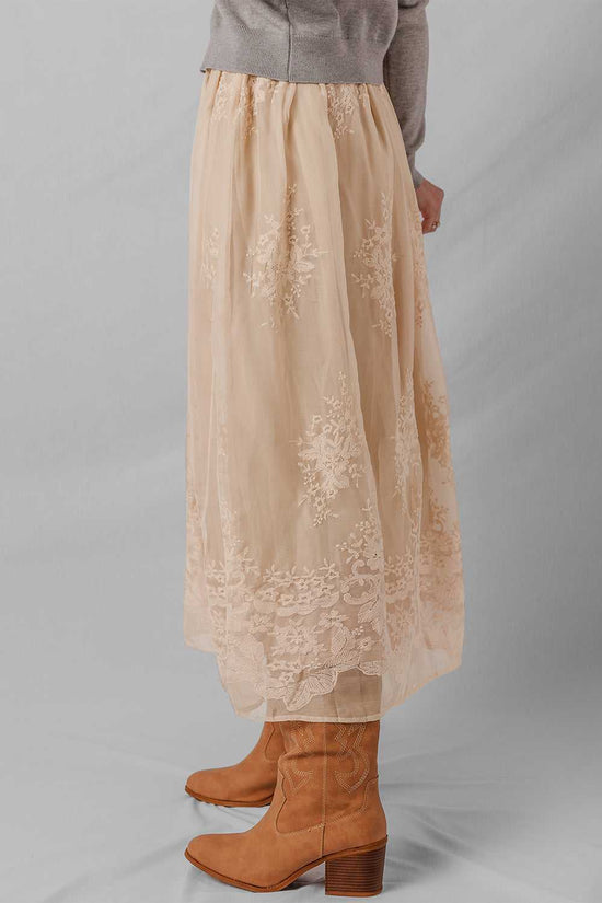 Embroidered Mesh Overlay Flowy Skirt