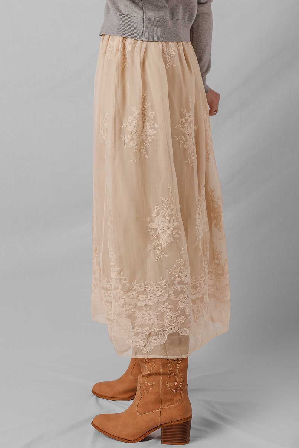 Embroidered Mesh Overlay Flowy Skirt