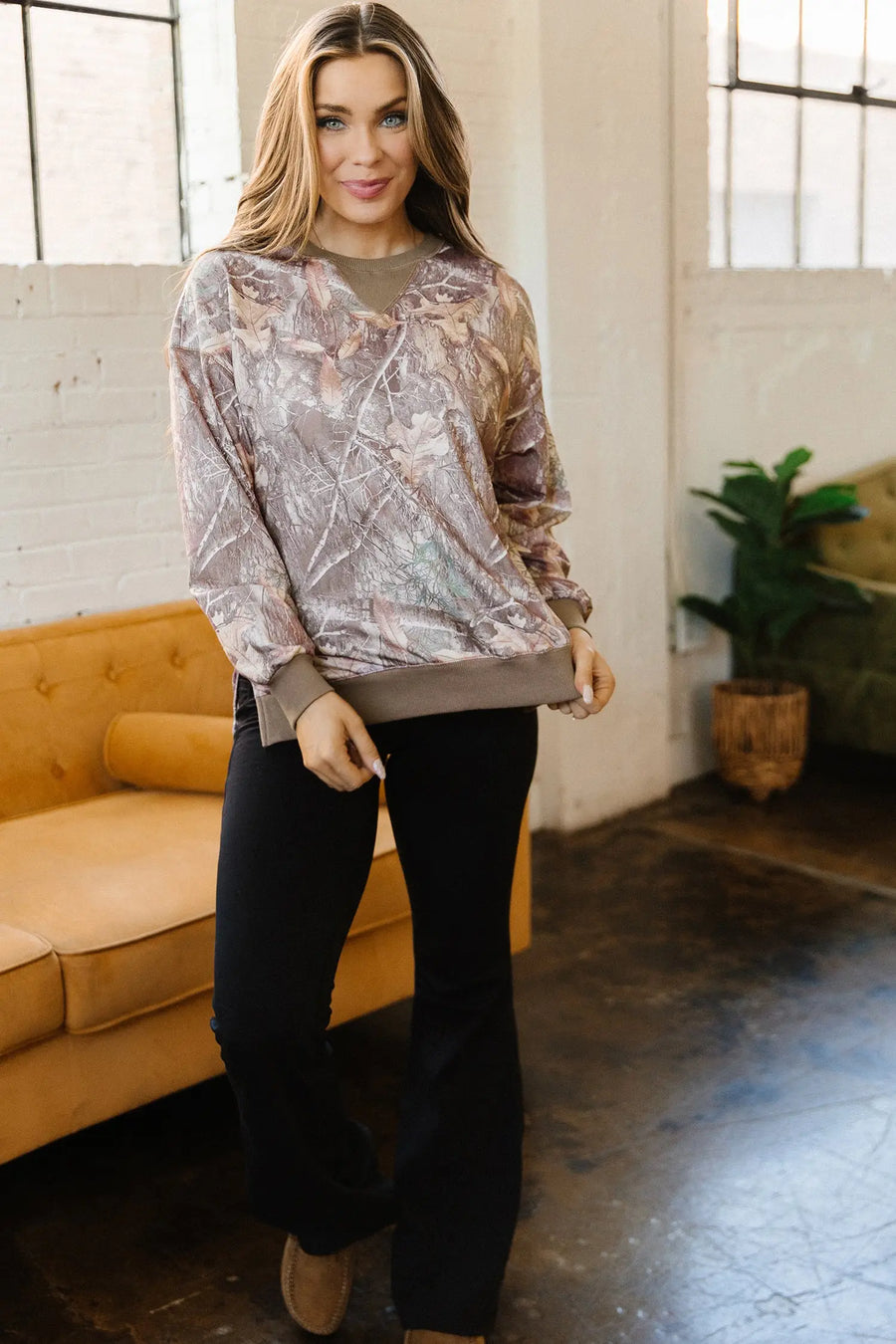 Brown Abstract Camo Colourblock Baggy Pullover Sweatshirt