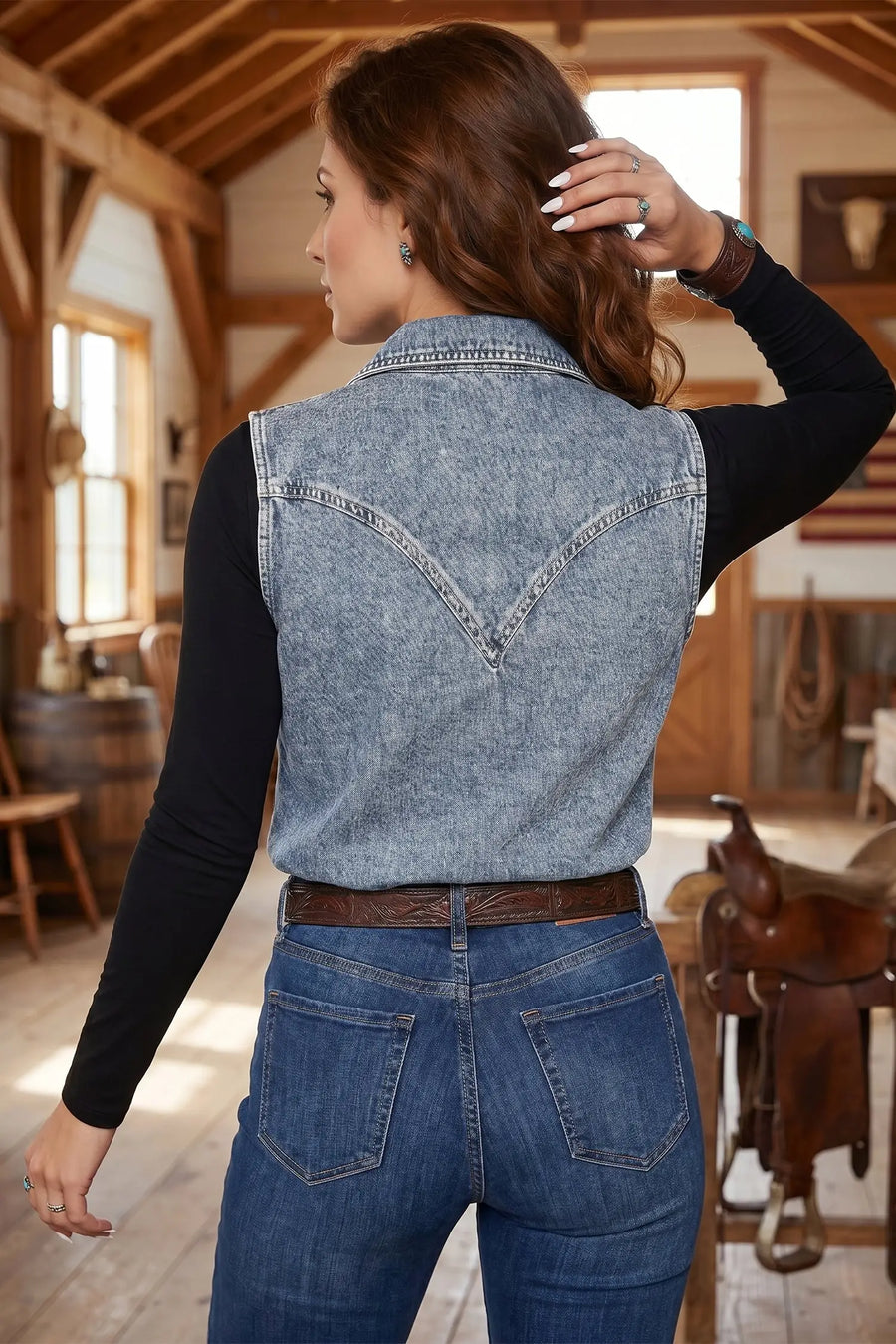 Denim sleeveless cowboy vest back view — Fashionfitz UK