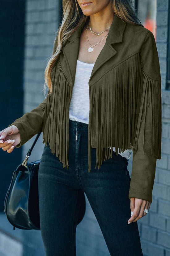 Green faux suede cropped jacket with fringe detail, styled with a white tee and black jeans for a trendy fall outerwear look.