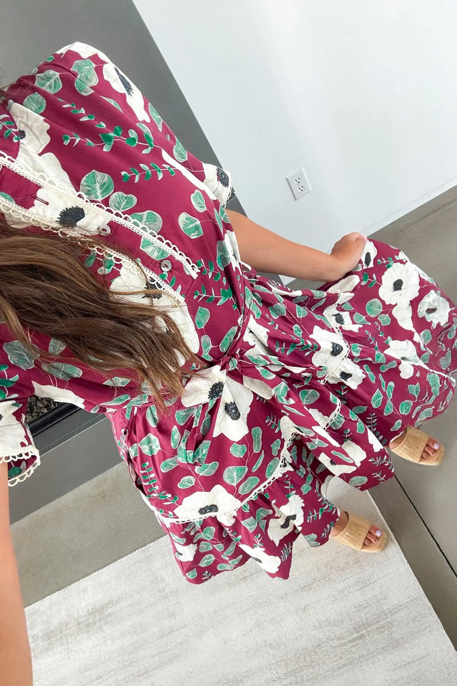 Red Floral Trimmed Puff Sleeve Belted Mini Dress Women UK — close-up detail