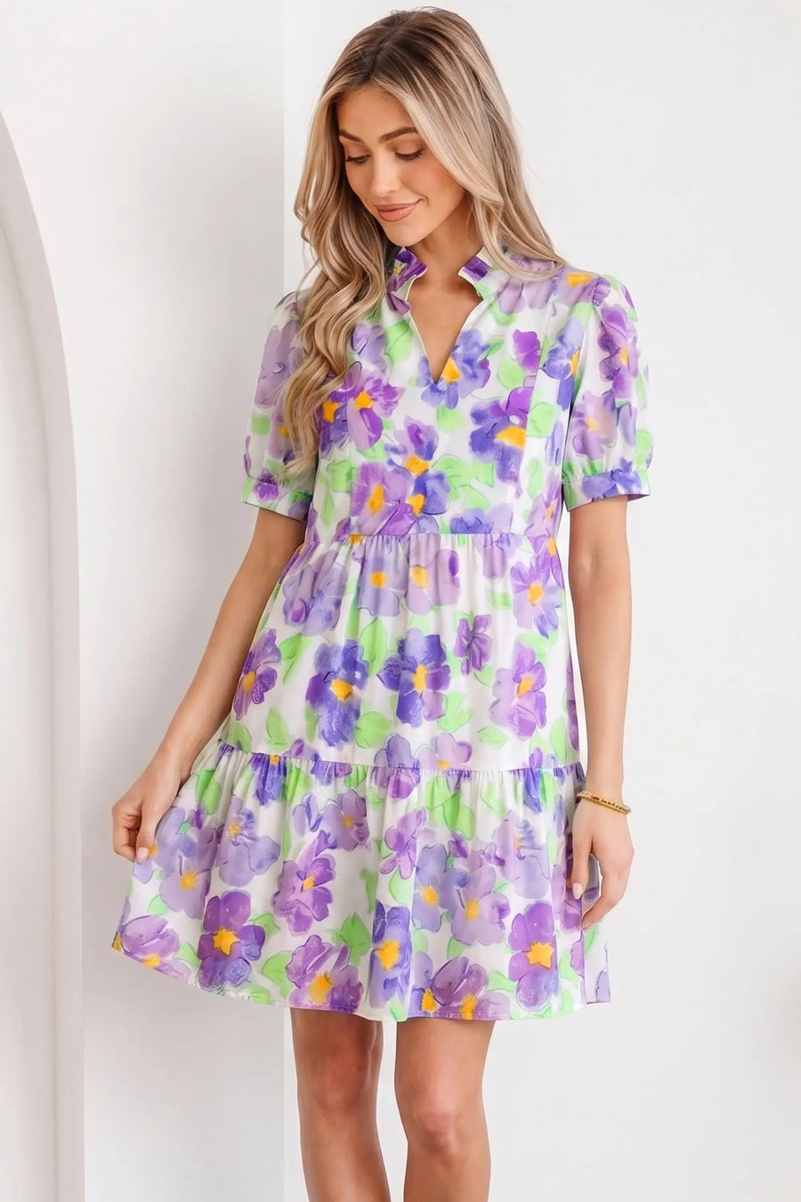 Purple Floral V Neck Short Sleeve Tiered Ruffle Mini Dress Women UK
