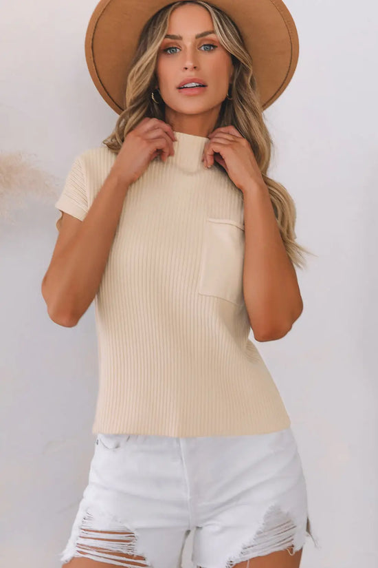Ribbed knit short sleeve sweater with patch pocket | fashionfitz