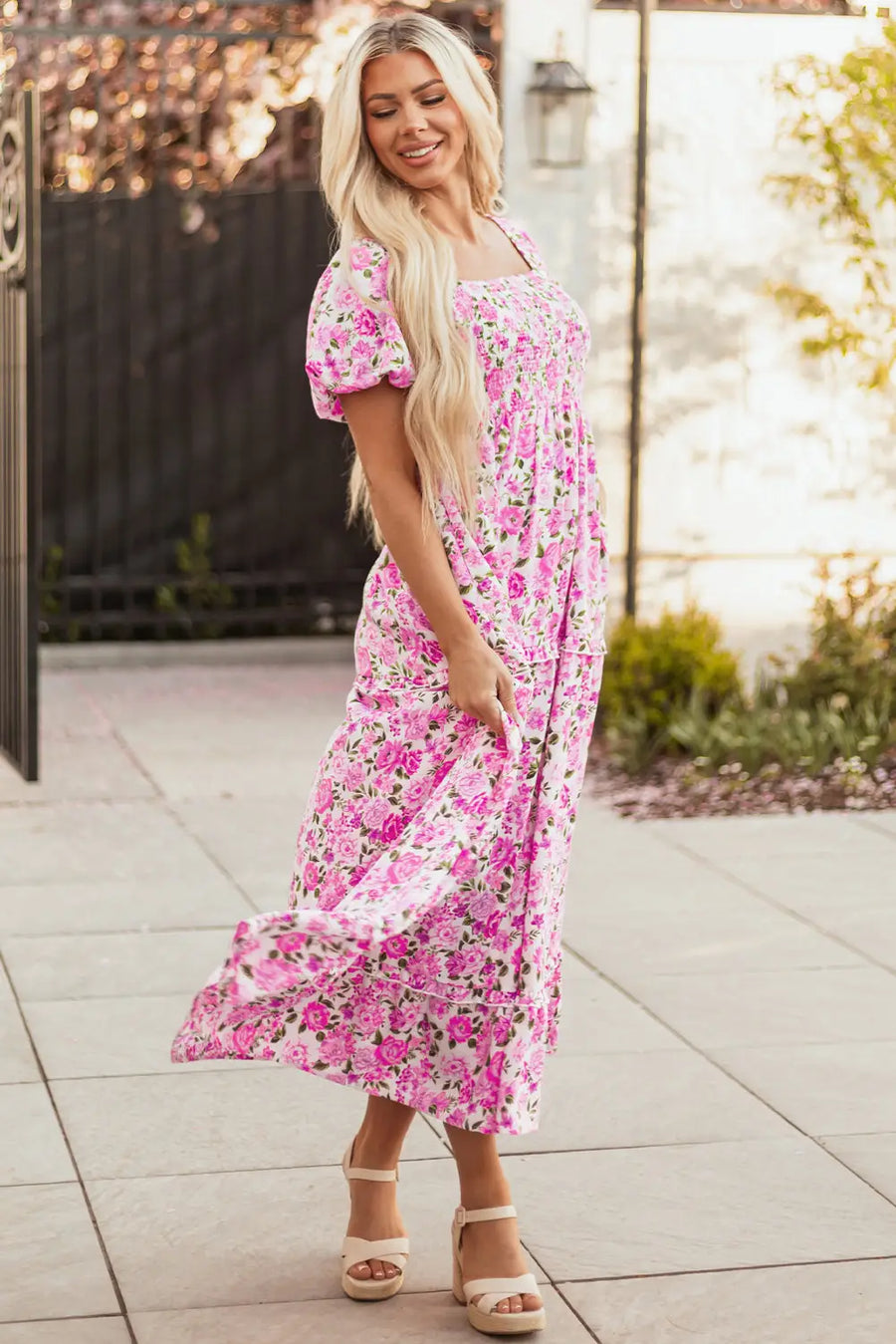 Pink Dainty Floral Smocked Puff Sleeve Flowy Maxi Dress Women UK — full length