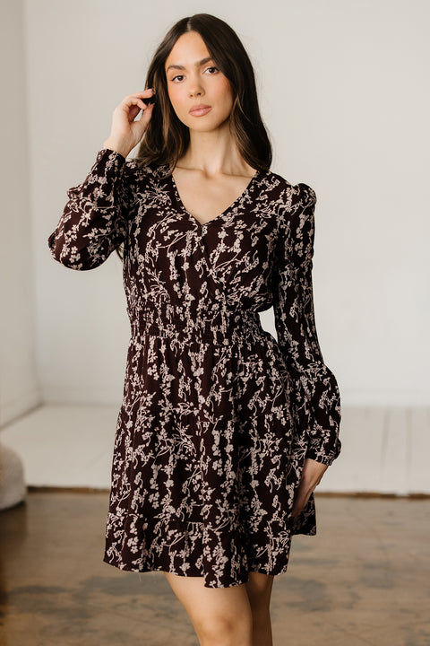 Brown Ditsy Floral Split Neck Long Sleeve Shirred Mini Dress Women UK — front view