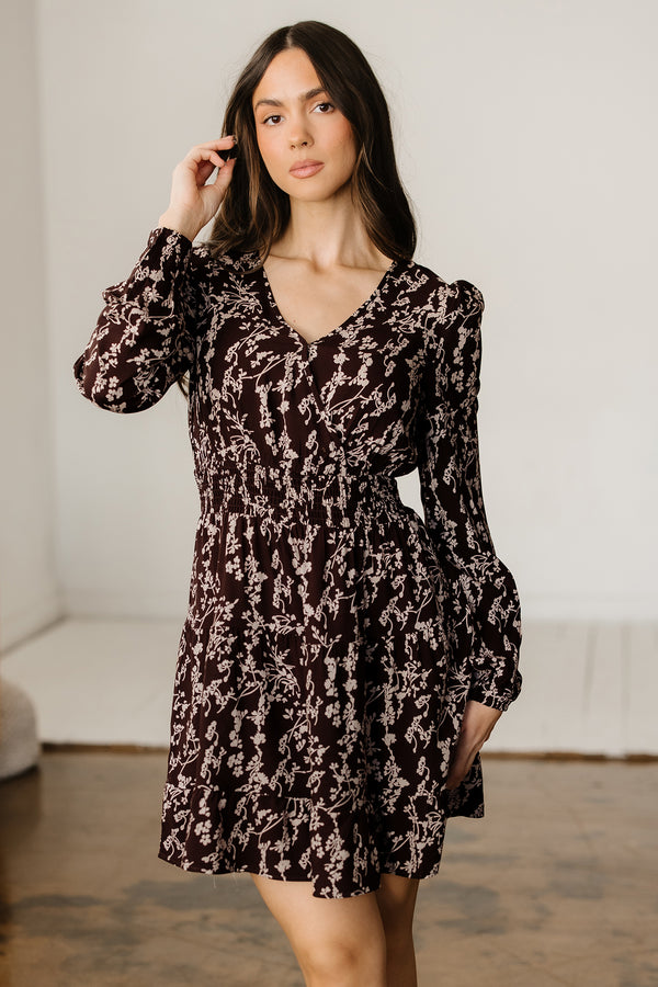 Brown Ditsy Floral Split Neck Long Sleeve Shirred Mini Dress Women UK