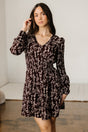 Brown Ditsy Floral Split Neck Long Sleeve Shirred Mini Dress Women UK — front view