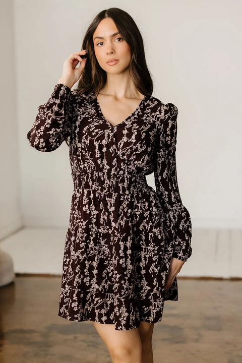 Brown Ditsy Floral Split Neck Long Sleeve Shirred Mini Dress Women UK — front view