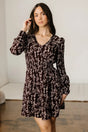 Brown Ditsy Floral Split Neck Long Sleeve Shirred Mini Dress Women UK — front view