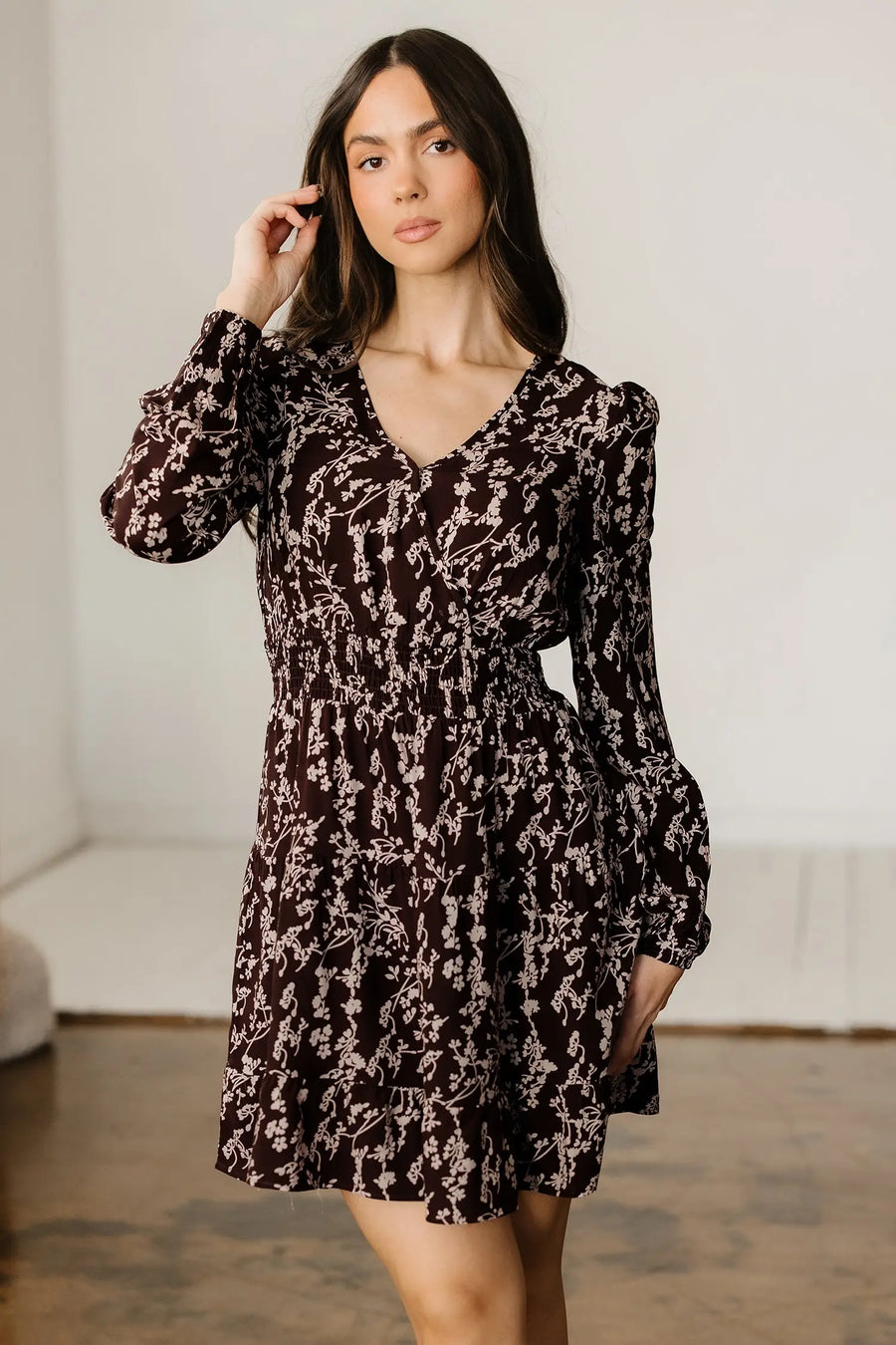 Brown Ditsy Floral Split Neck Long Sleeve Shirred Mini Dress Women UK — front view