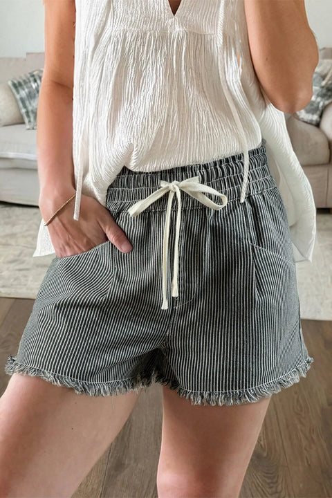 Stripe raw edge drawstring denim shorts front view — Fashionfitz UK