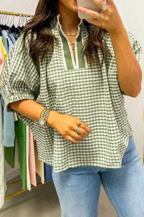 Plaid colourblock trim split neck short sleeve tunic blouse front view — Fashionfitz UK