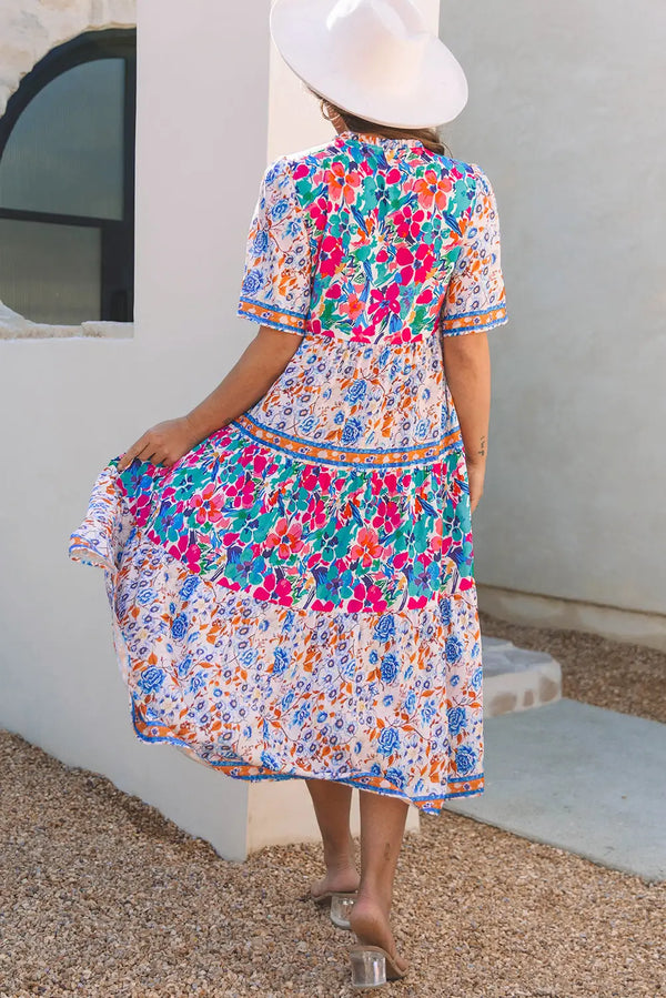 Sky Blue Mixed Floral Tie Split Neck Short Sleeve Dress Women UK