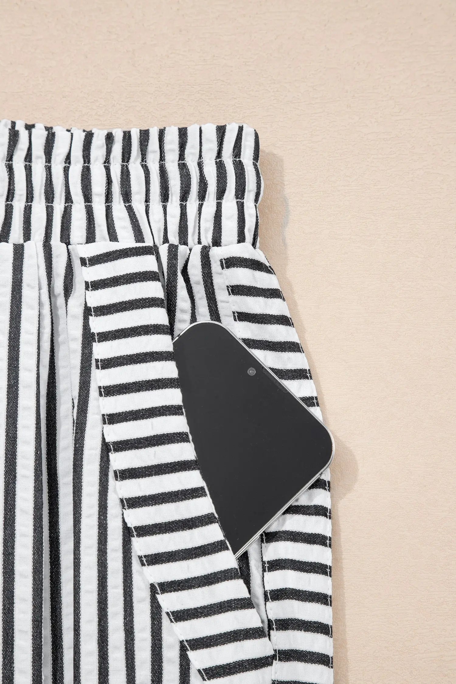 Black Stripe High Waist Wide Leg Drawstring Casual Trousers with Pockets