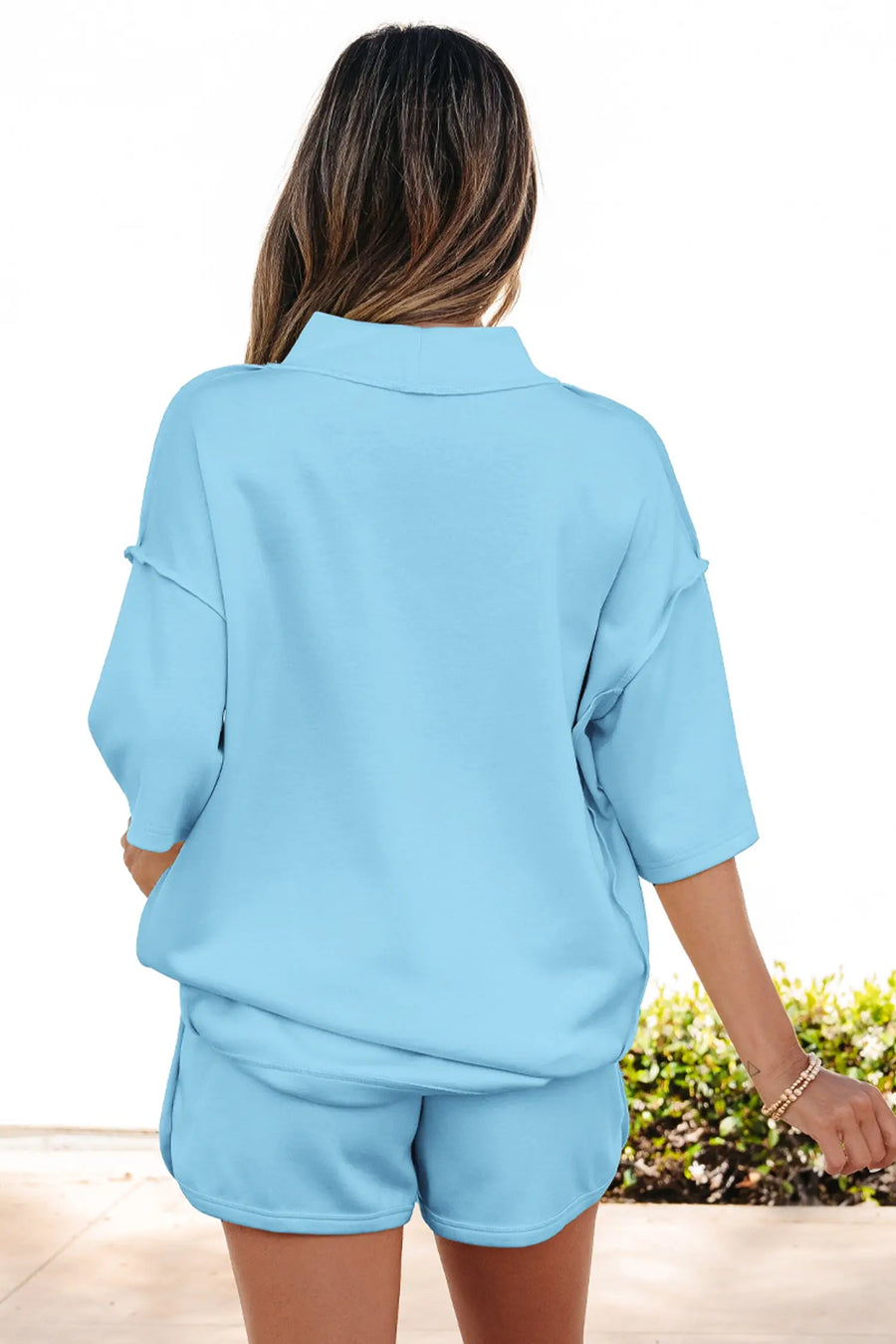 Exposed seam mock neck oversized tee shorts two piece set pockets outfit sets