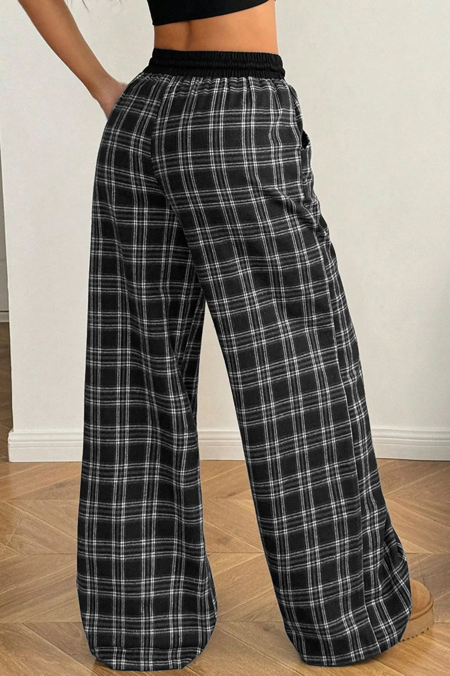 Plaid Contrast Drawstring Waist Wide Leg Trousers — fabric texture detail | Fashionfitz UK