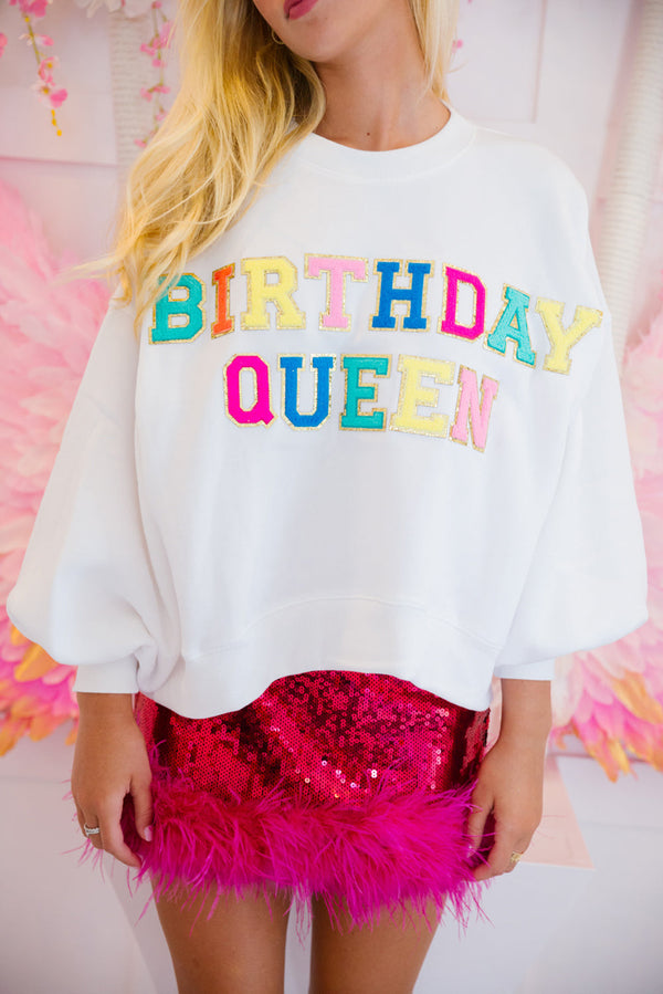 White Birthday Queen Graphic Balloon Sleeve Sweatshirt Women UK