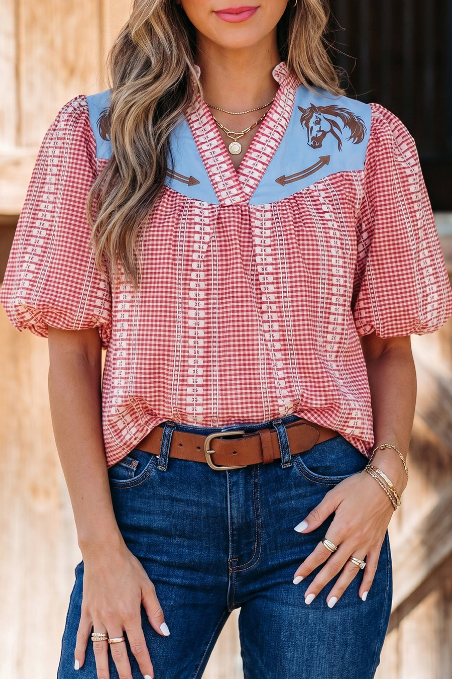 Western Pony Embroidered Puff Sleeve Gingham Blouse Women UK