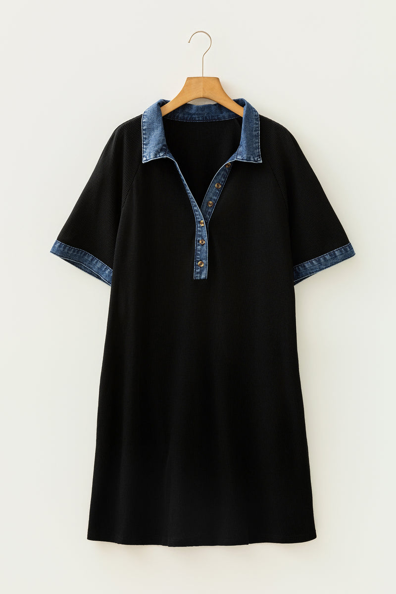 Colourblock Denim Collar Short Sleeve Plus Size Dress