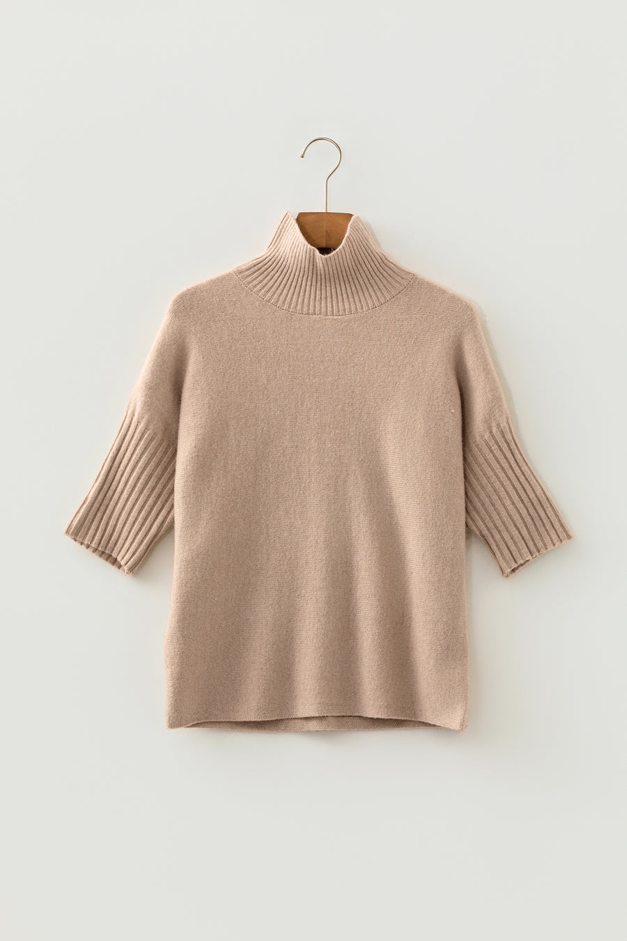 Beige High Neck Short Sleeve Washed Knit Sweater Women UK