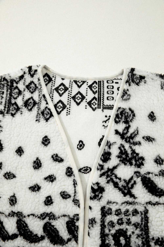 Close-up of neckline on Paisley Sherpa Gilet – Beige Western Style Vest, showing detailed fleece texture and inner pattern.