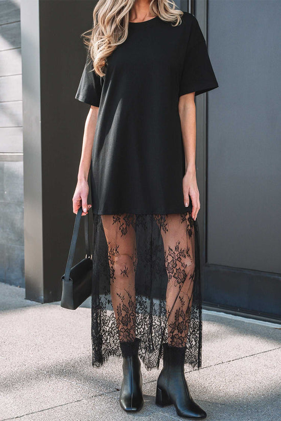 Front view of Black Floral Lace Skirt Maxi Dress featuring a sheer floral lace skirt and solid black top for a stylish summer outfit.