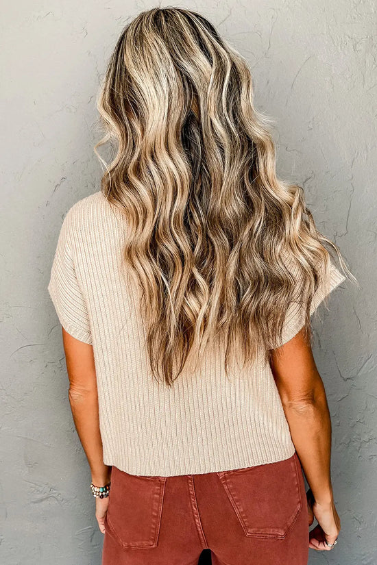 Ribbed knit short sleeve sweater with patch pocket | fashionfitz