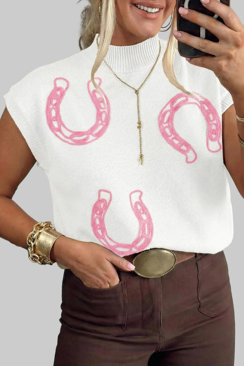 Corded horseshoe western ribbed mock neck short sleeve loose knit sweater front view — Fashionfitz UK