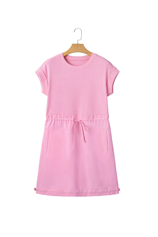 Bonbon cuffed short sleeve mix fabric patchwork drawstring mini dress with pockets dresses