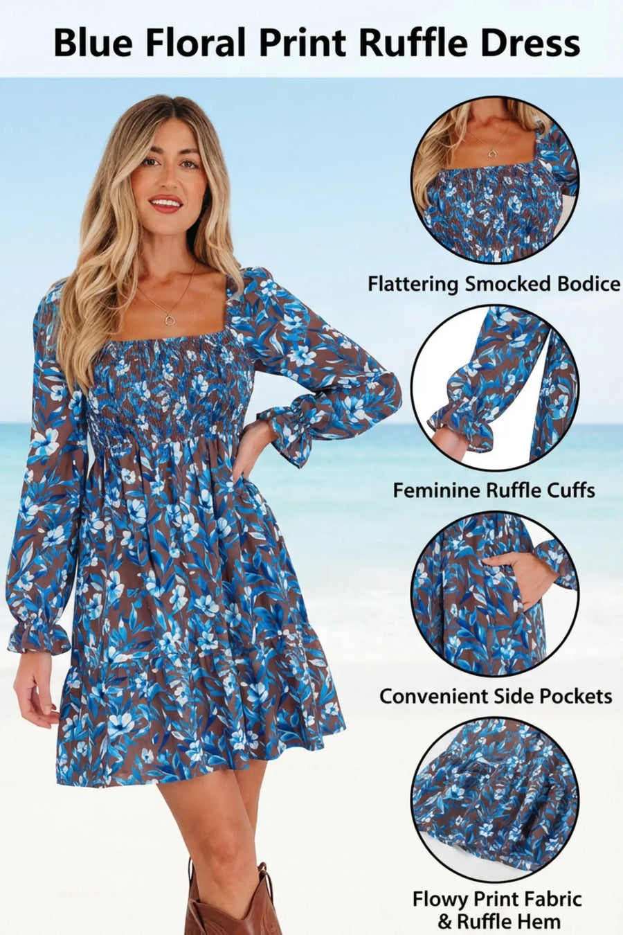Blue Smocked Bodice High Waist Floral Ruffled Sleeve Maxi Dress Women UK