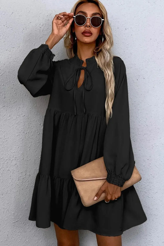 Black tie split neck smocked long puff sleeve dress