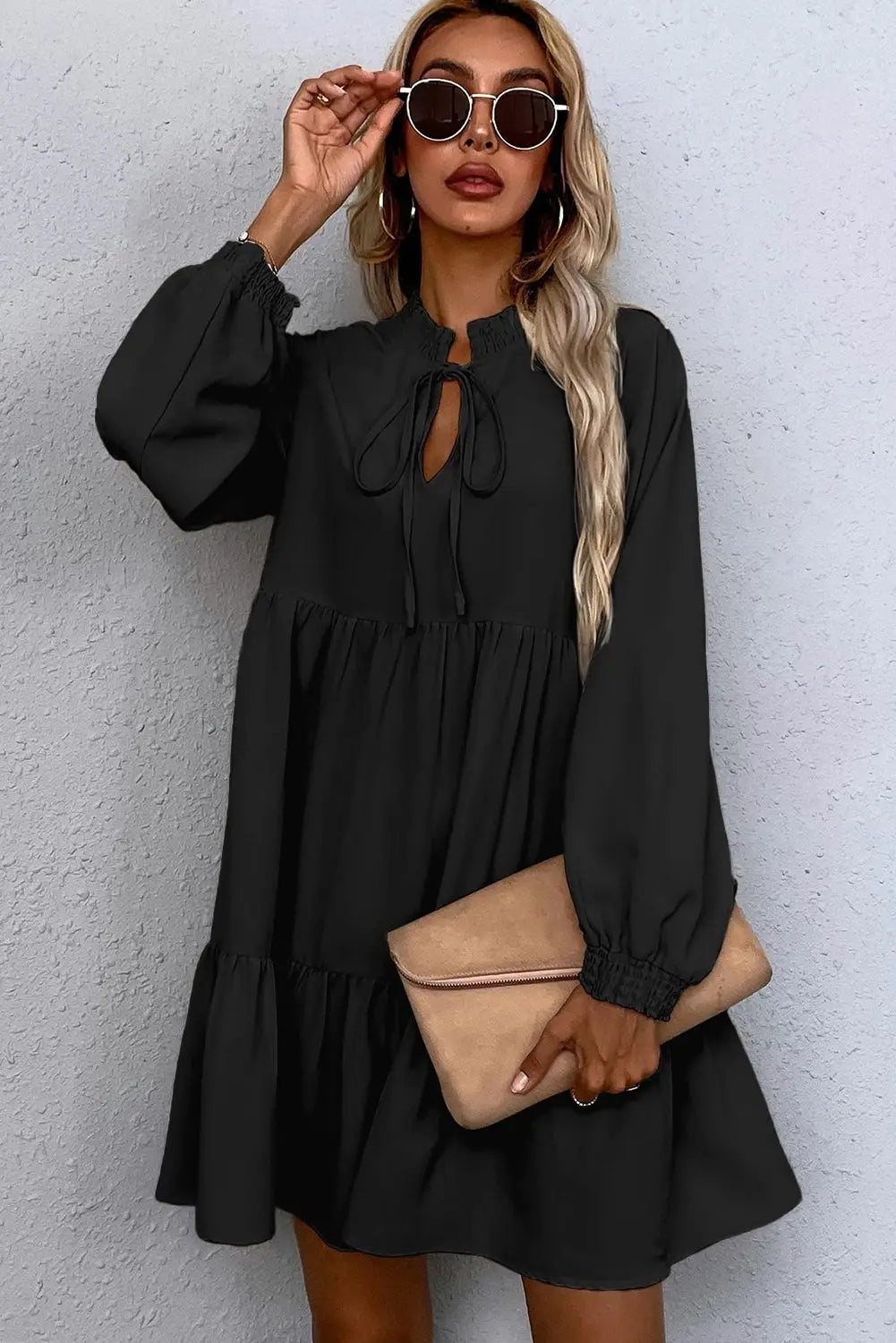 Black tie split neck smocked long puff sleeve dress