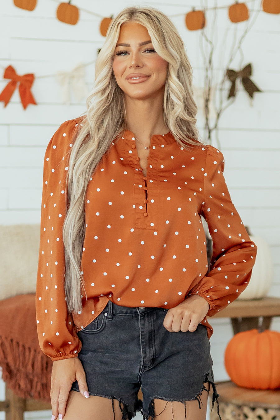 Brown Polka Dot Half Button V-Neck Long Sleeve Blouse Women UK