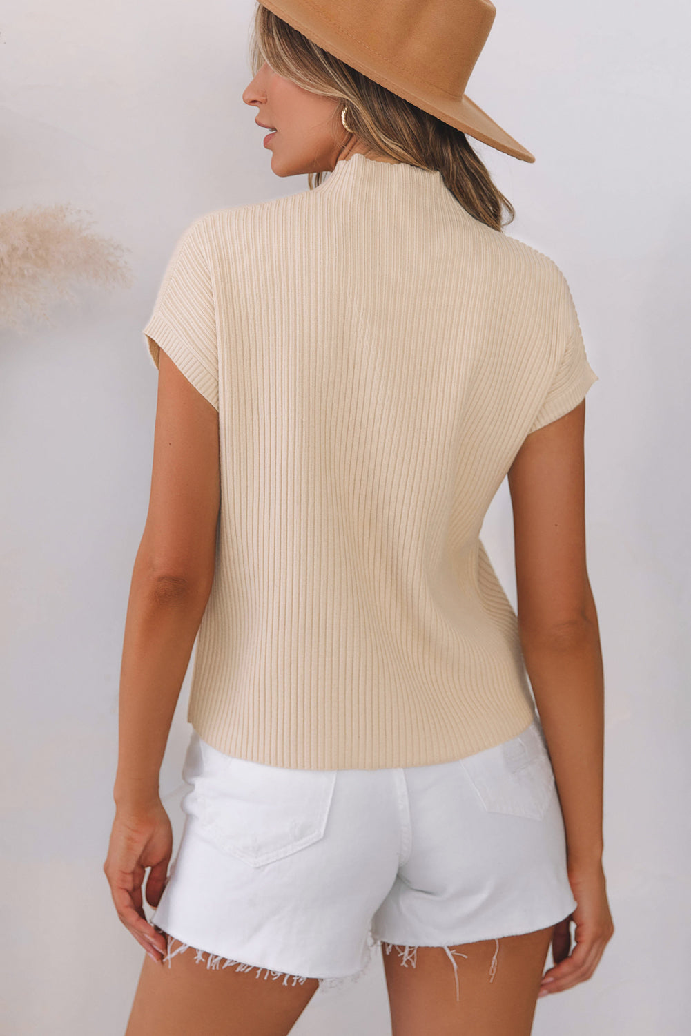 Ribbed Knit Short Sleeve Sweater -  Patch Pocket