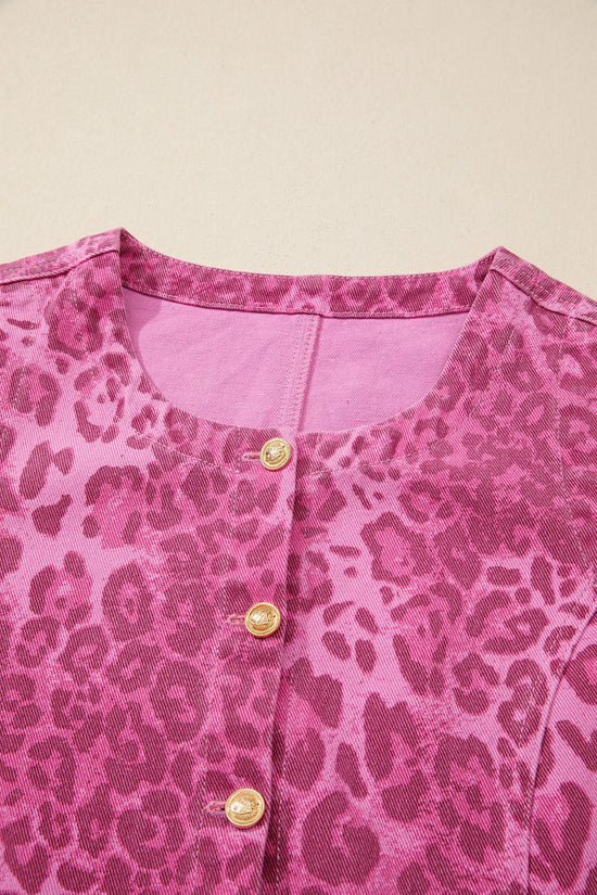 Leopard print denim shift dress button front sleeveless mini pockets dresses